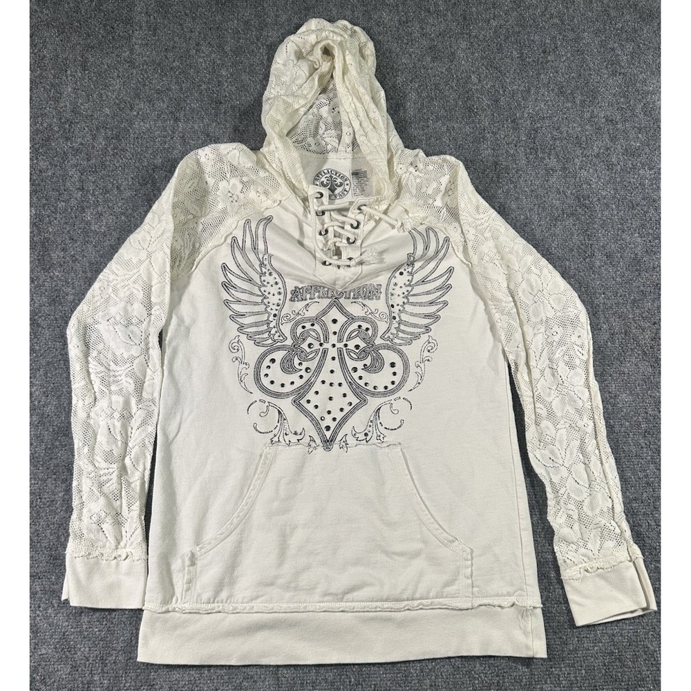 Affliction Women's L Ivory Lace Hoodie Pullover Grunge Goth Punk Y2K